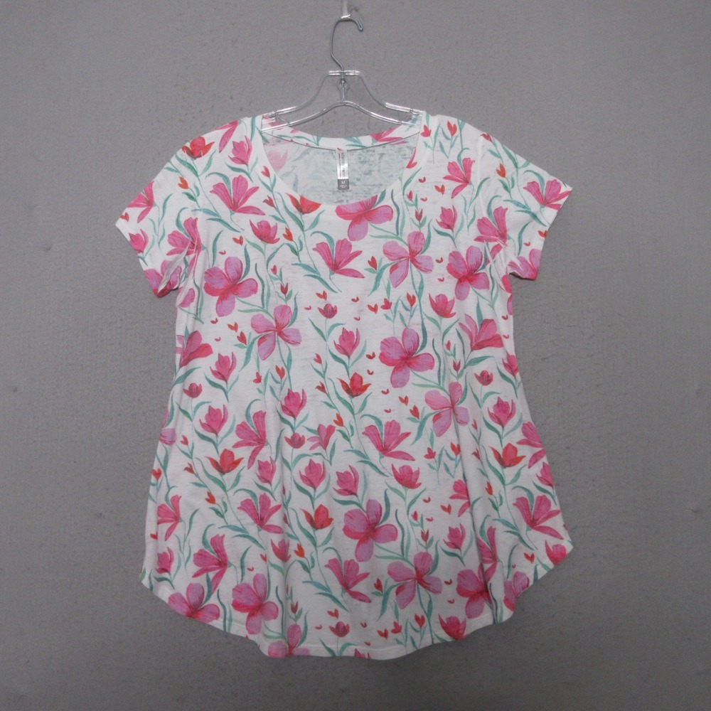 Whimsy‎ Rose Top Medium White Pink Floral Short Sleeve Cottage Core Boho Flowy